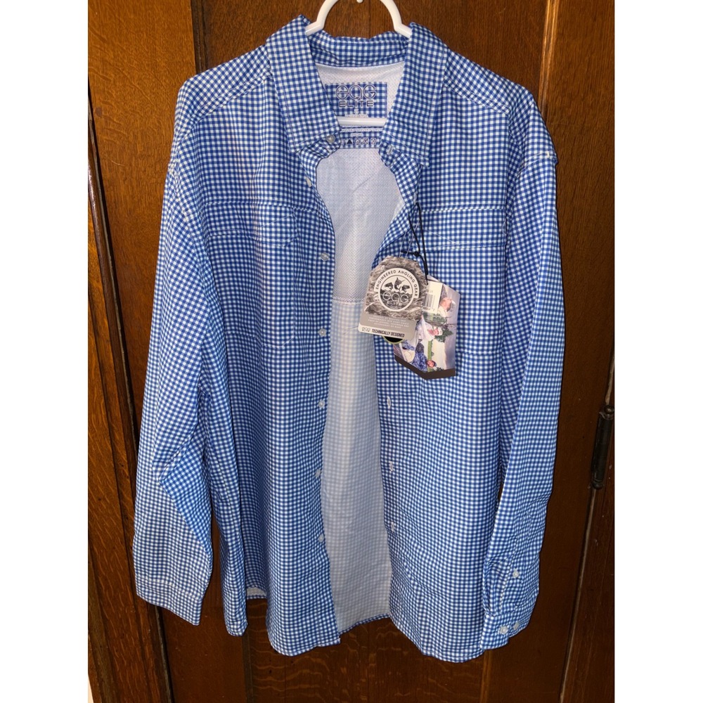 NWT EAG Elite Mens Blue Gingham Performance Fishing Shirt Long Sleeve 2X